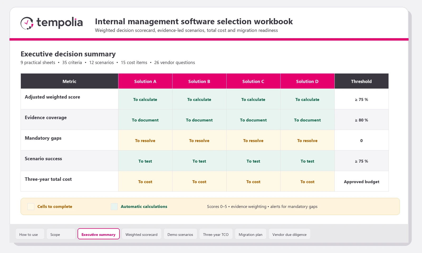 Preview of the software comparison Excel workbook executive summary