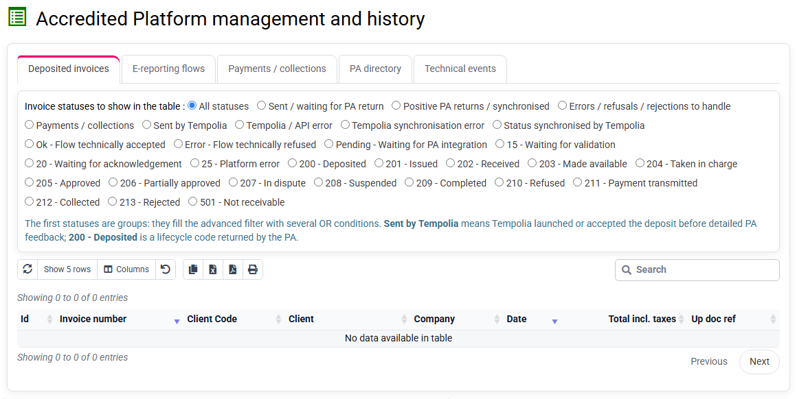 Tempolia history of submitted invoices with approved-platform identifiers and statuses