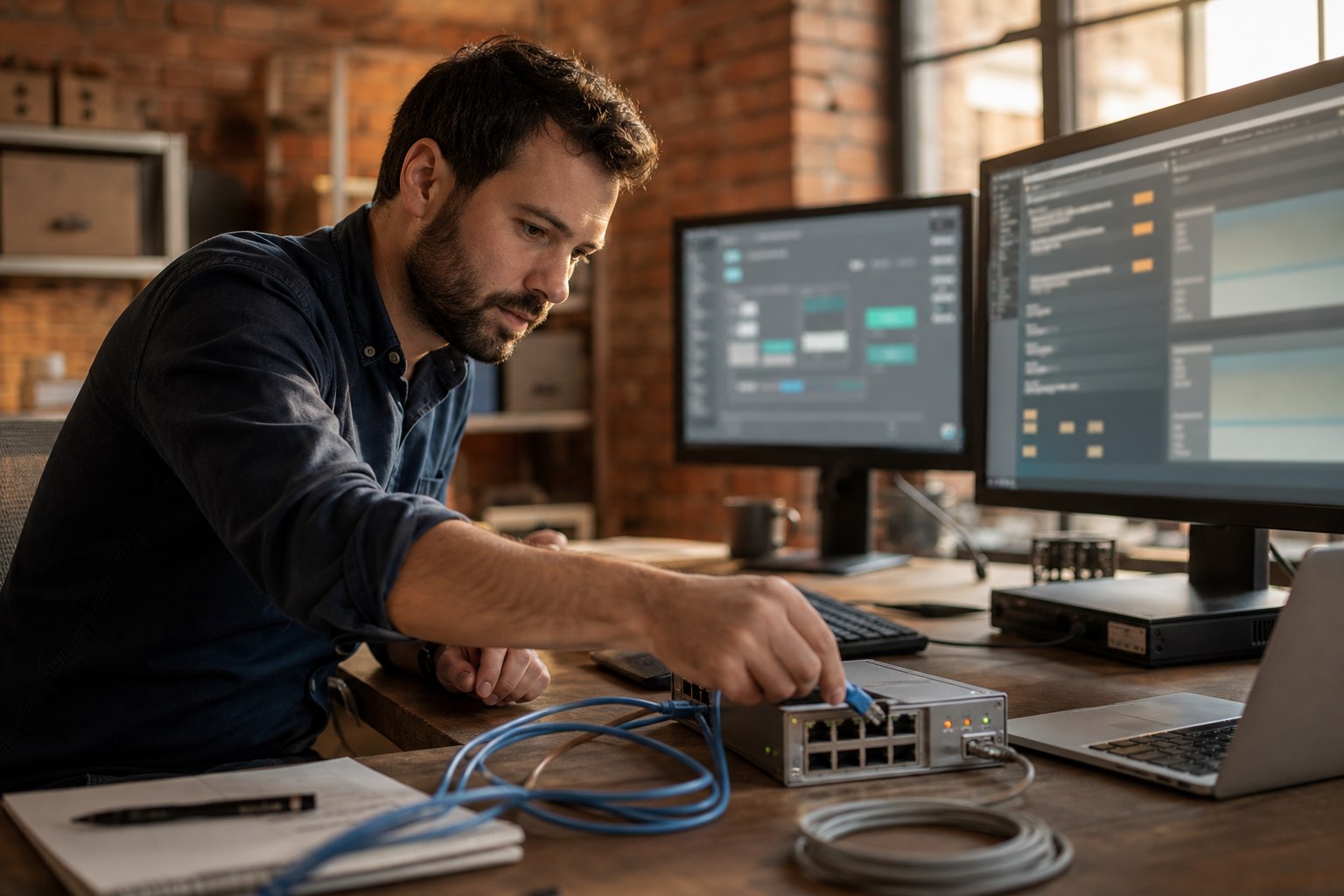 A software engineer connects a network test device in front of two development screens.