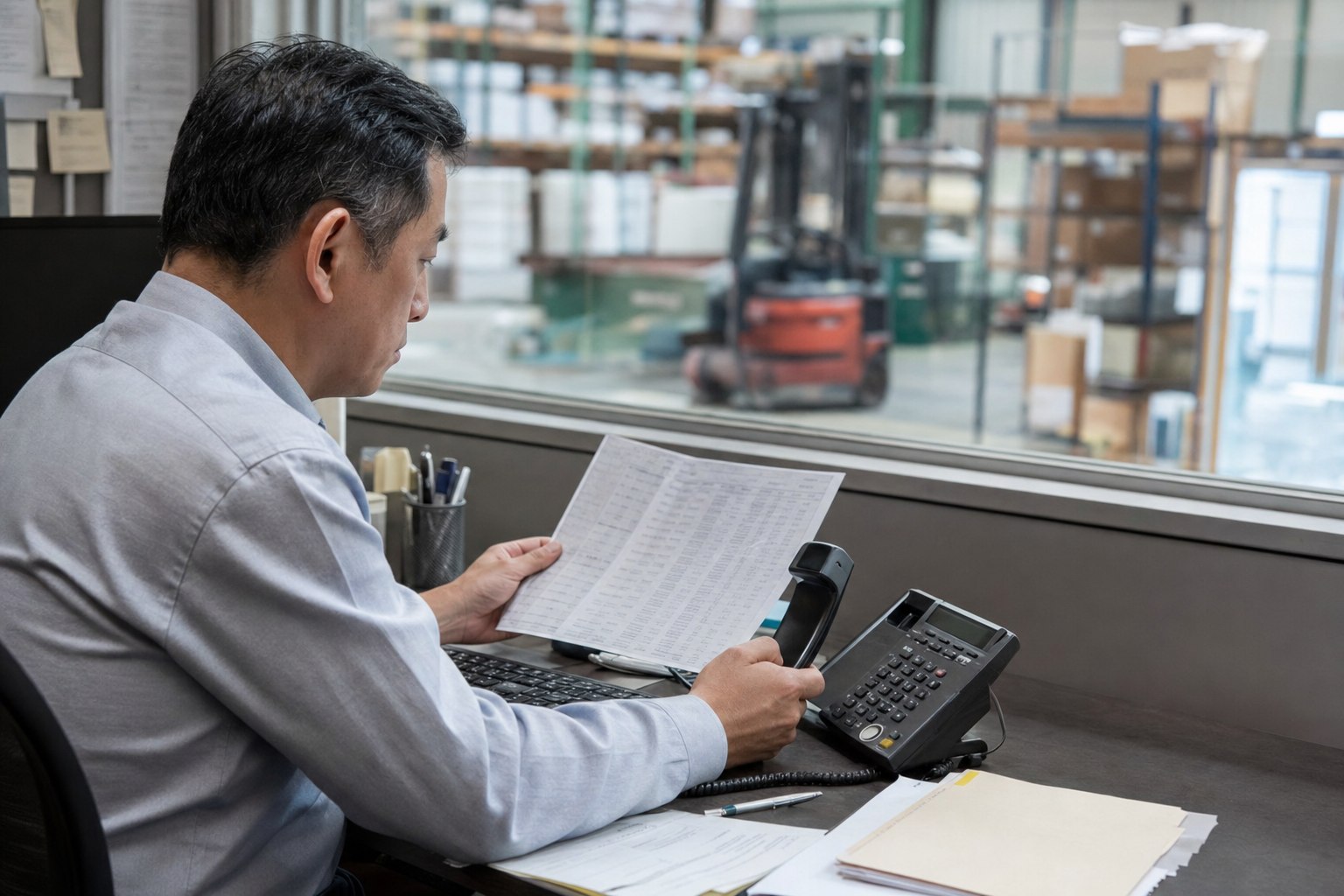 A finance manager reviews aged receivables before calling a customer, with a warehouse behind him.