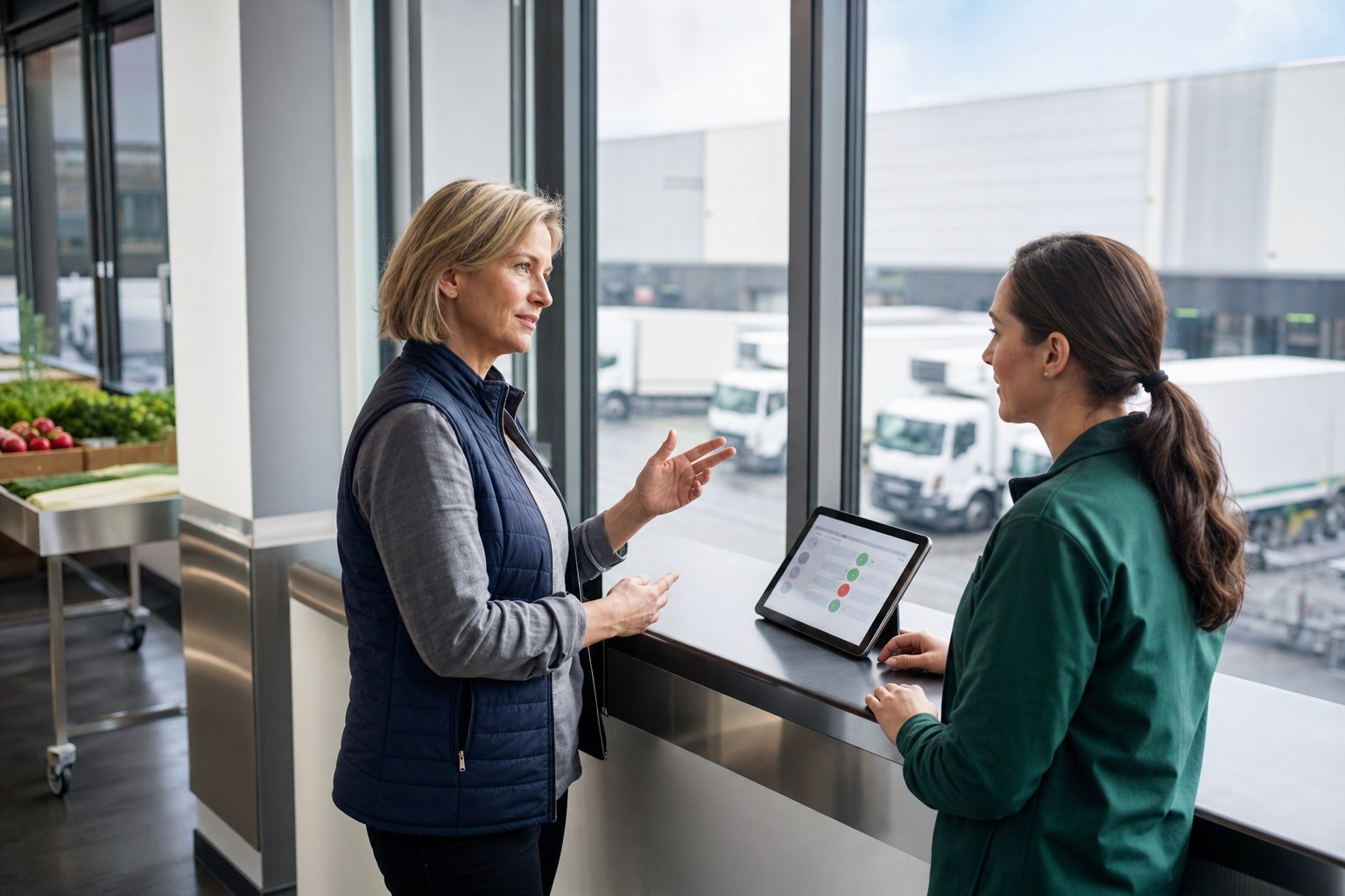 Two operations managers discuss priorities at a distribution company with a tablet nearby.