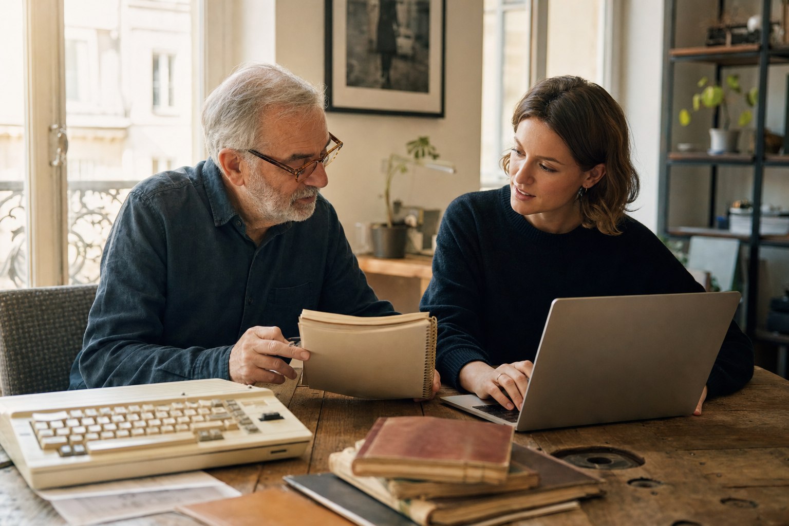 A founder and product lead compare an old project notebook with a modern laptop.