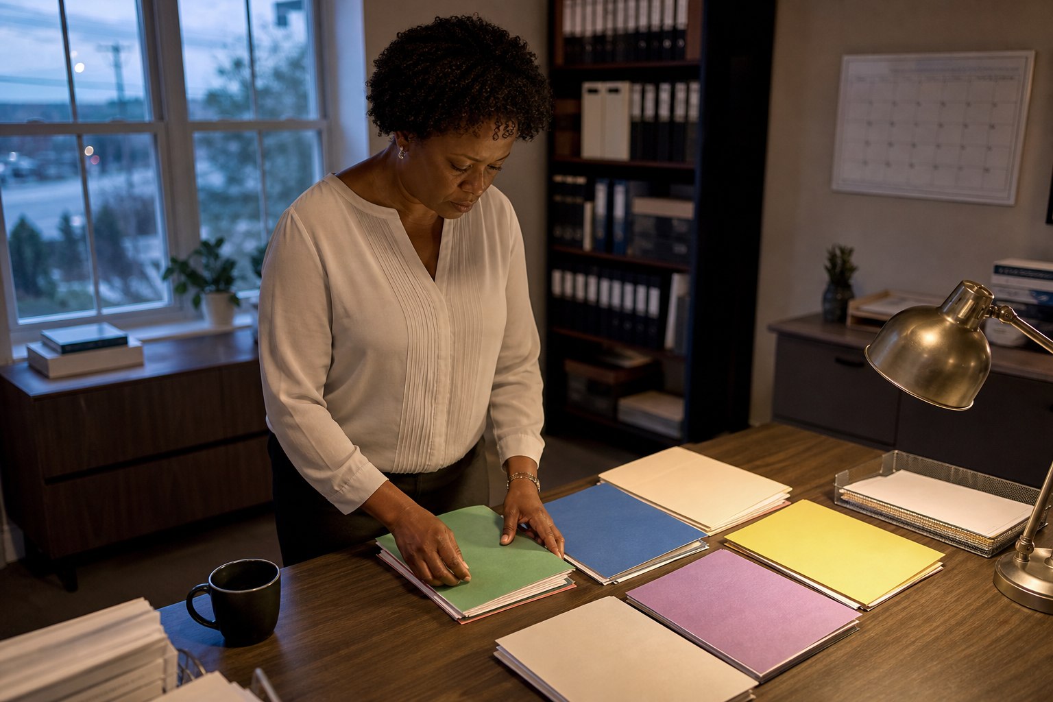 An accountant organises six colour-coded client folders before the working day begins.