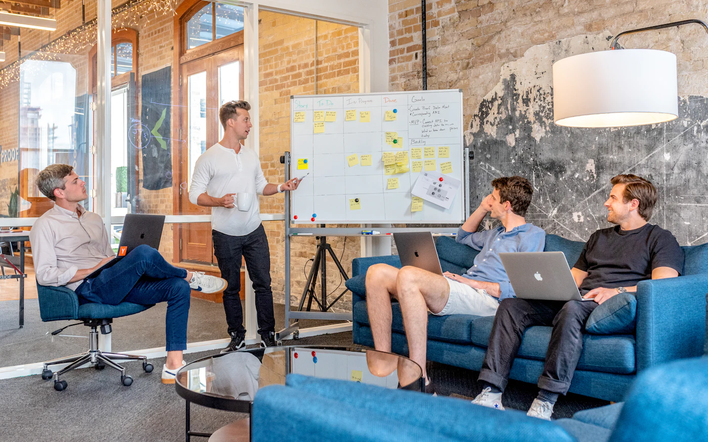 Project team gathered around a planning board