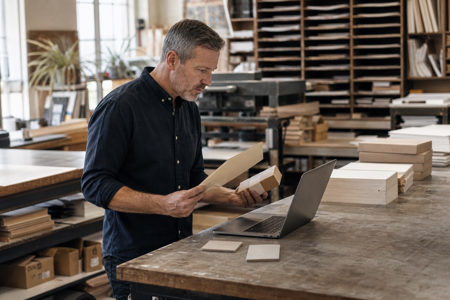 Workshop manager testing management software during a real work process