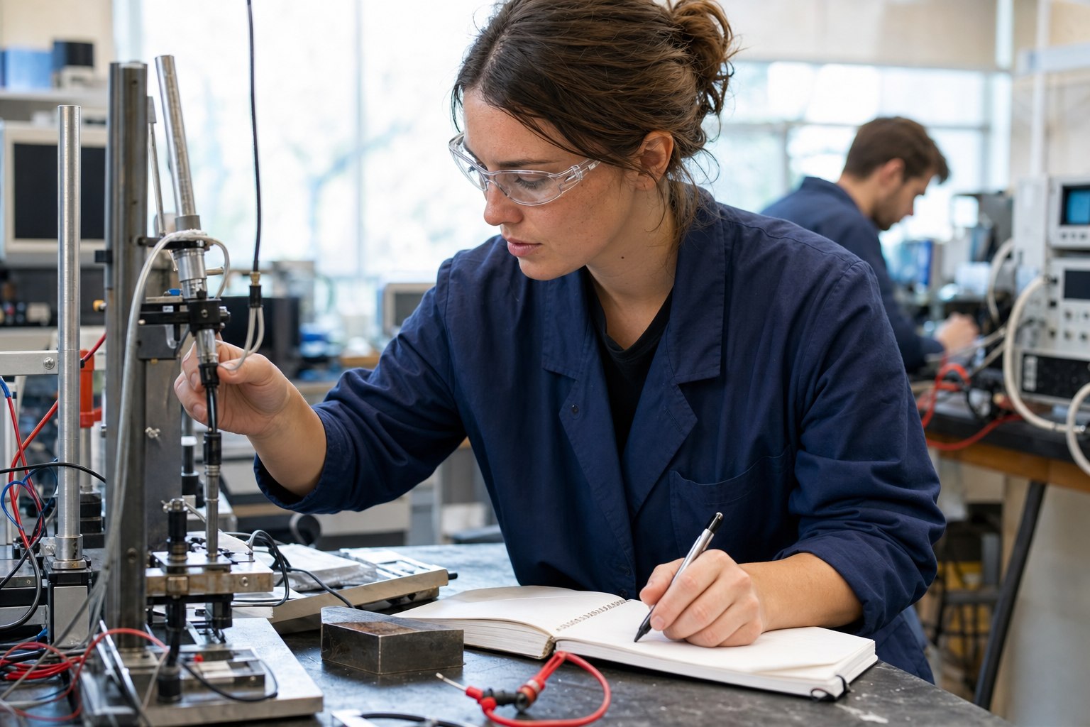 Engineer recording an observation while testing a prototype in a laboratory