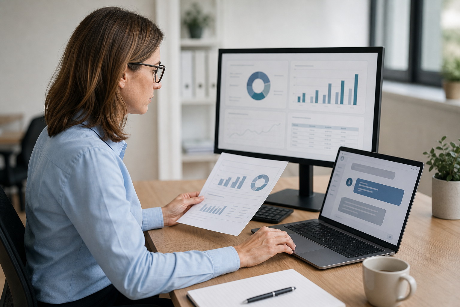 Office manager comparing an AI-assisted answer with source data.