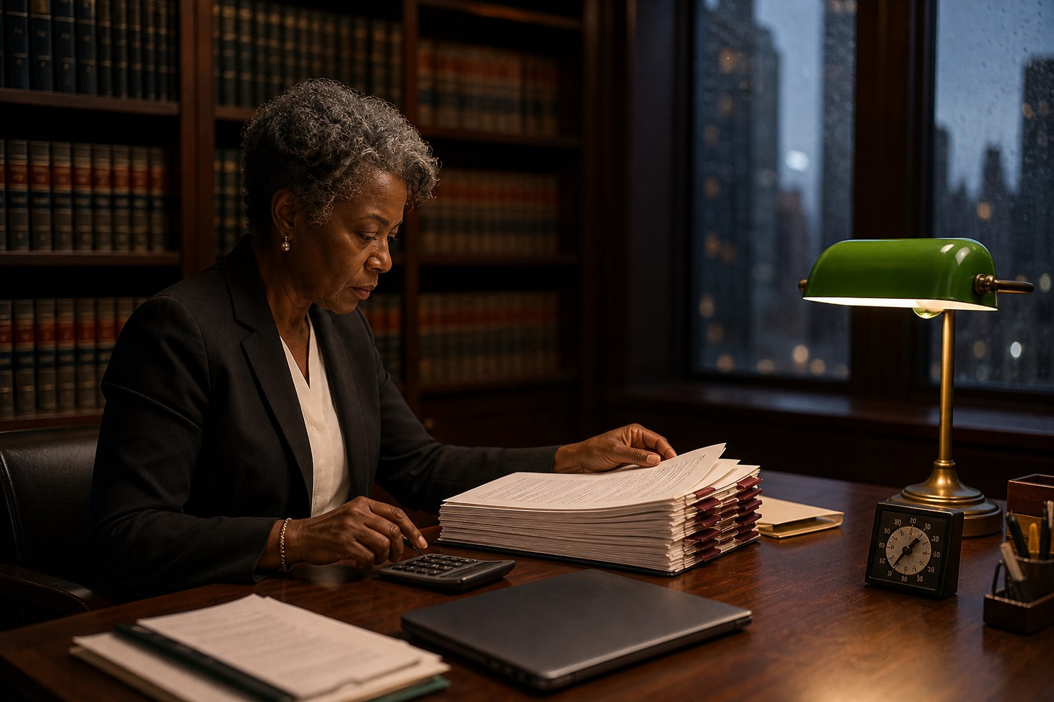 Lawyer reviewing the cost and work to complete for a fixed-fee matter in a legal library
