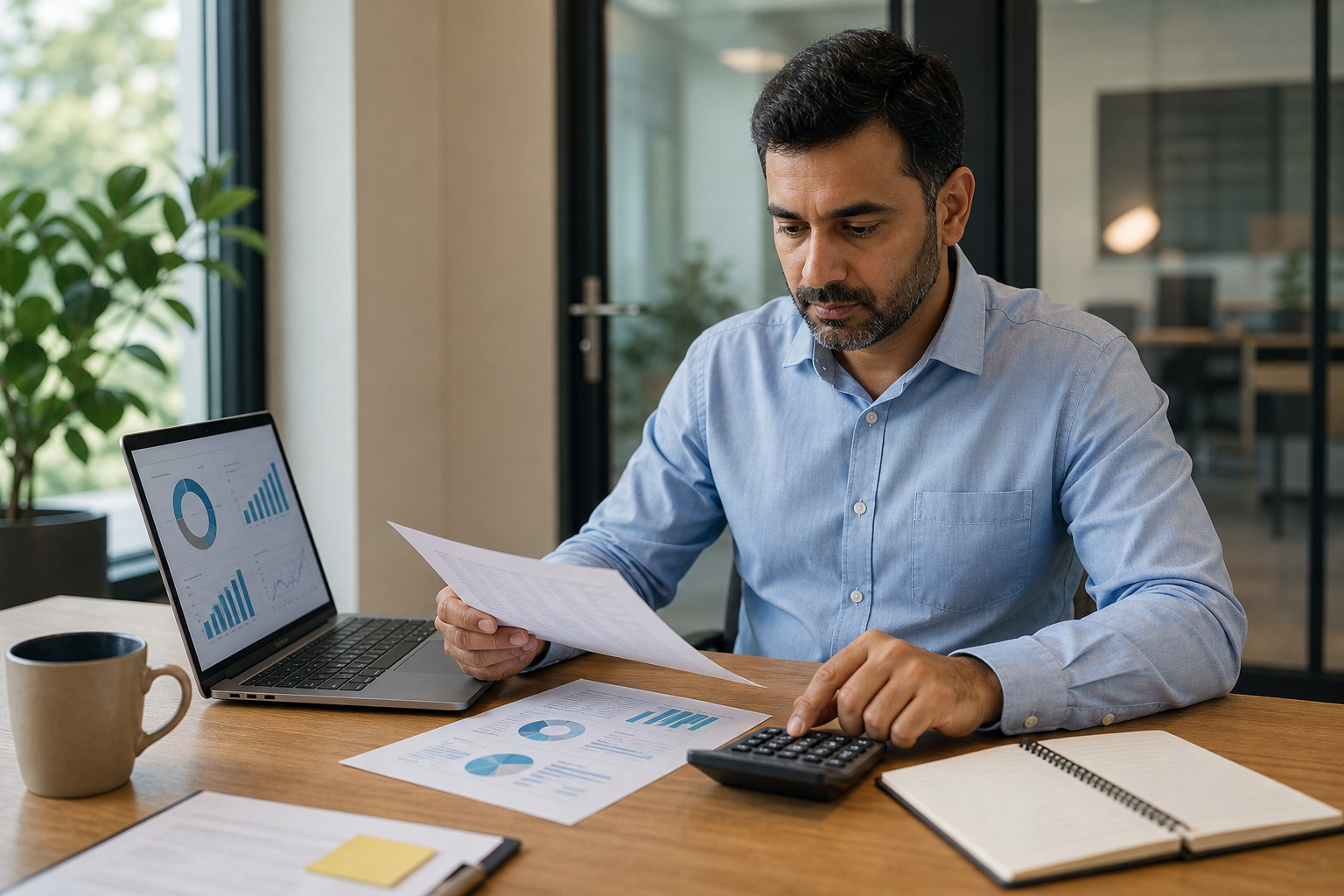 Engagement manager reviewing time, costs and profitability on a laptop in an office.