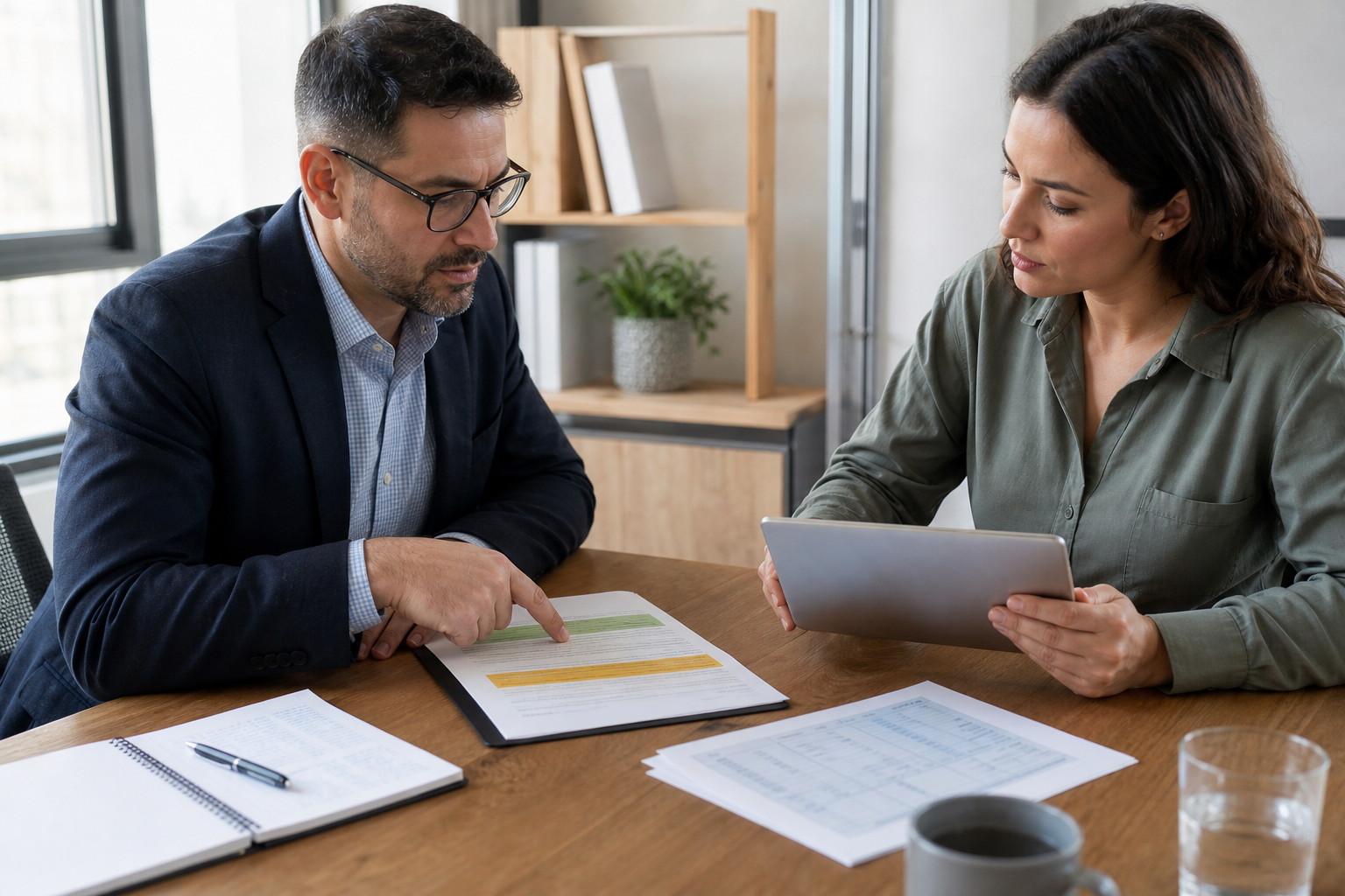 Two professionals compare the original scope with an additional-work request in an office.