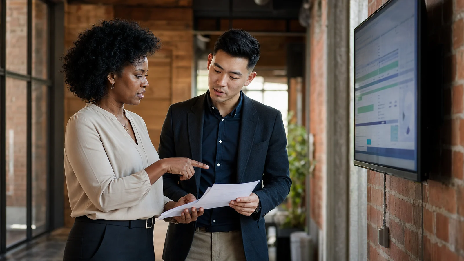 Finance manager and project manager reviewing an invoice before approval