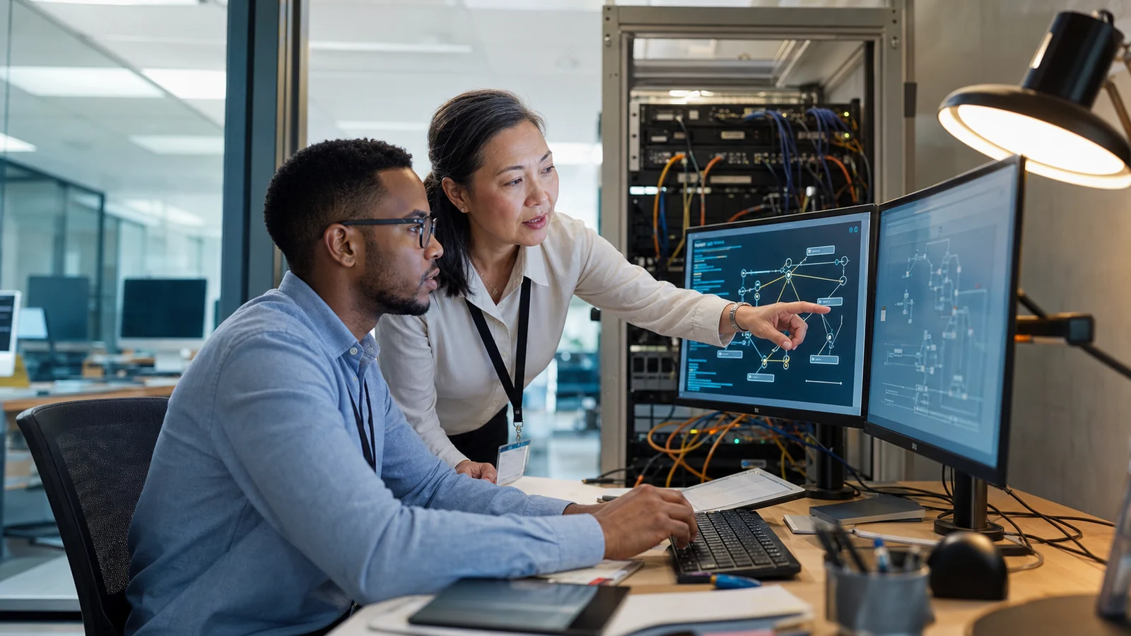 Engineer and systems architect reviewing a data integration