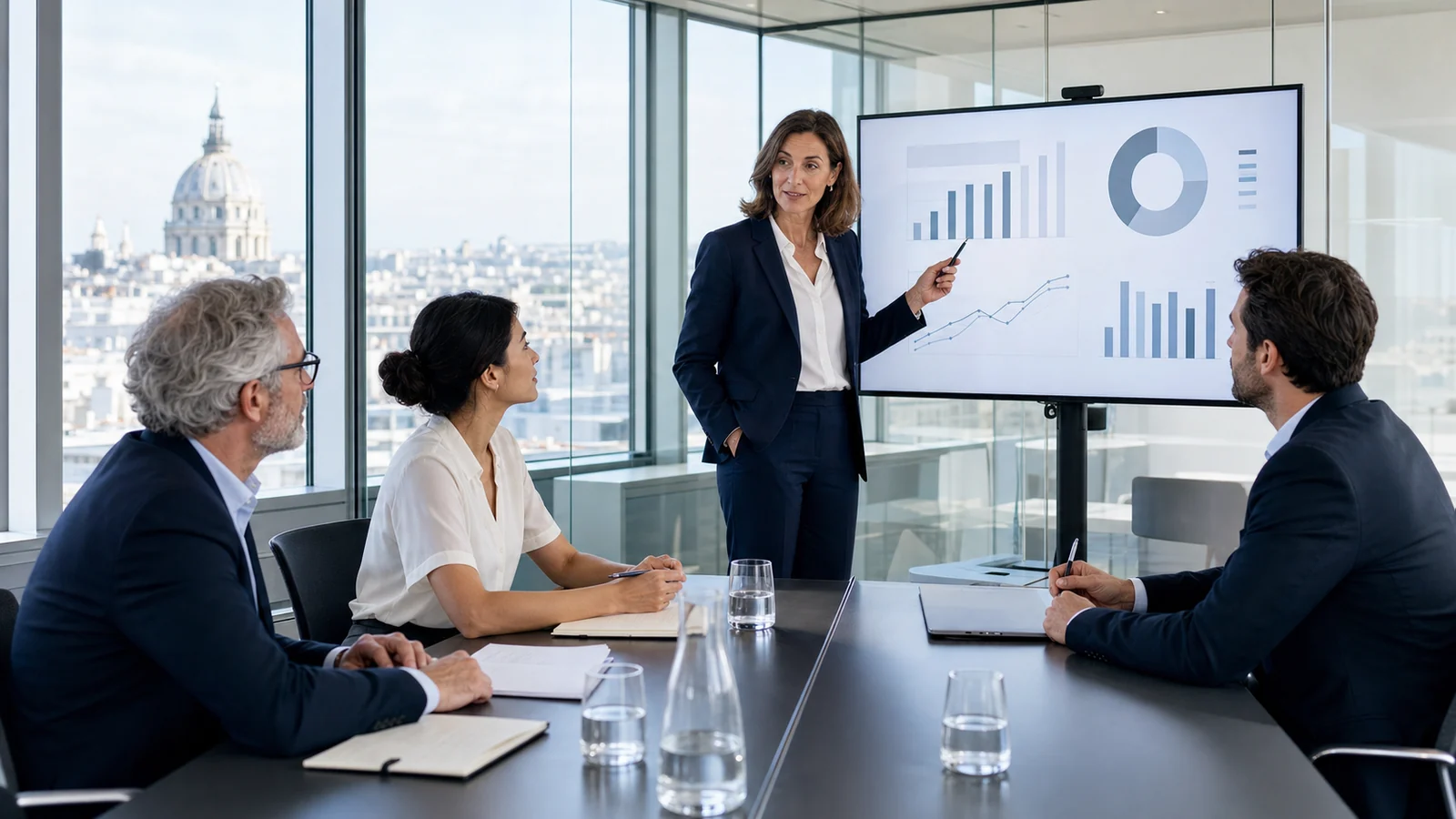Management team reviewing business profitability together