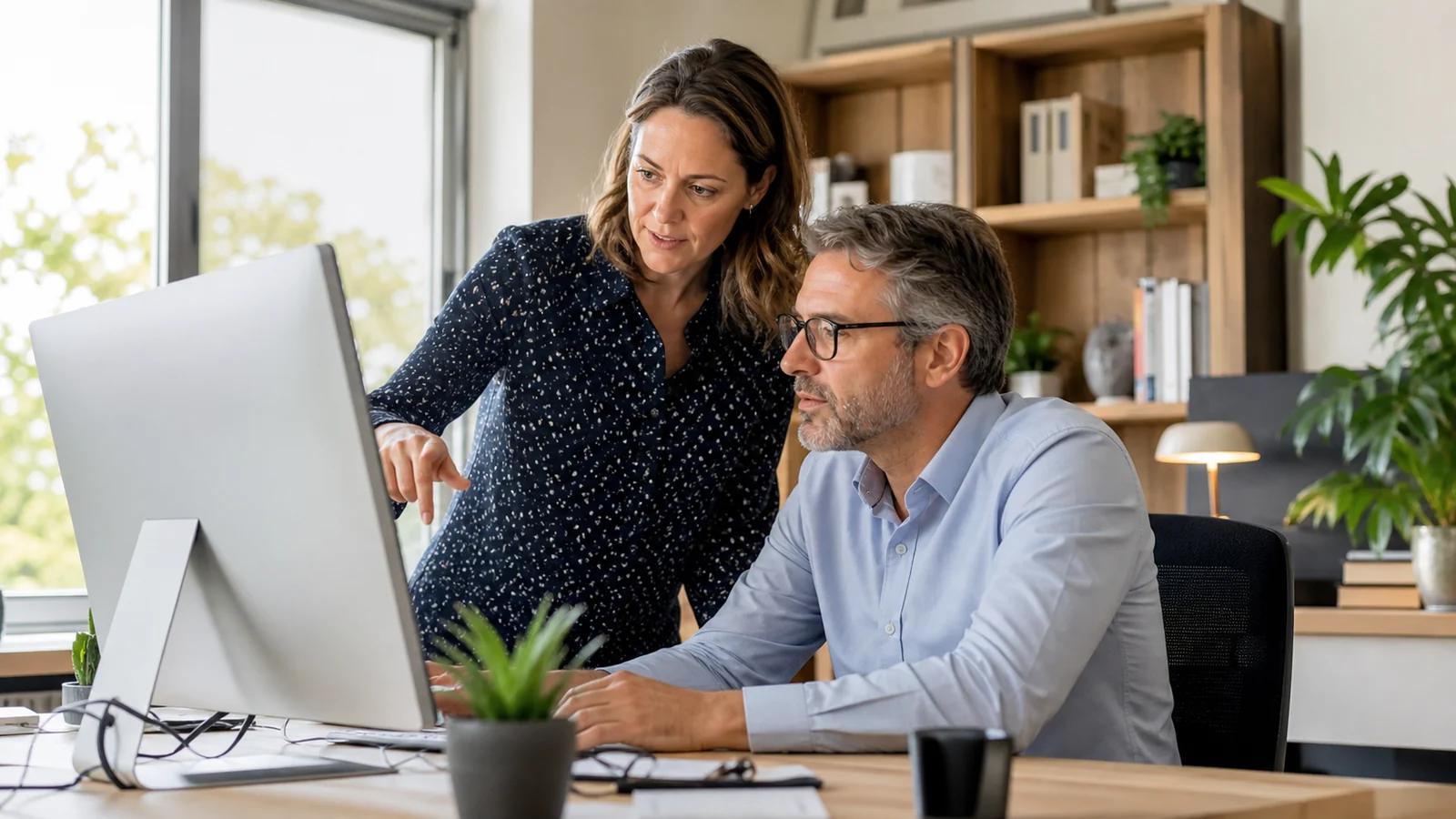 Two managers working together to organise internal management processes