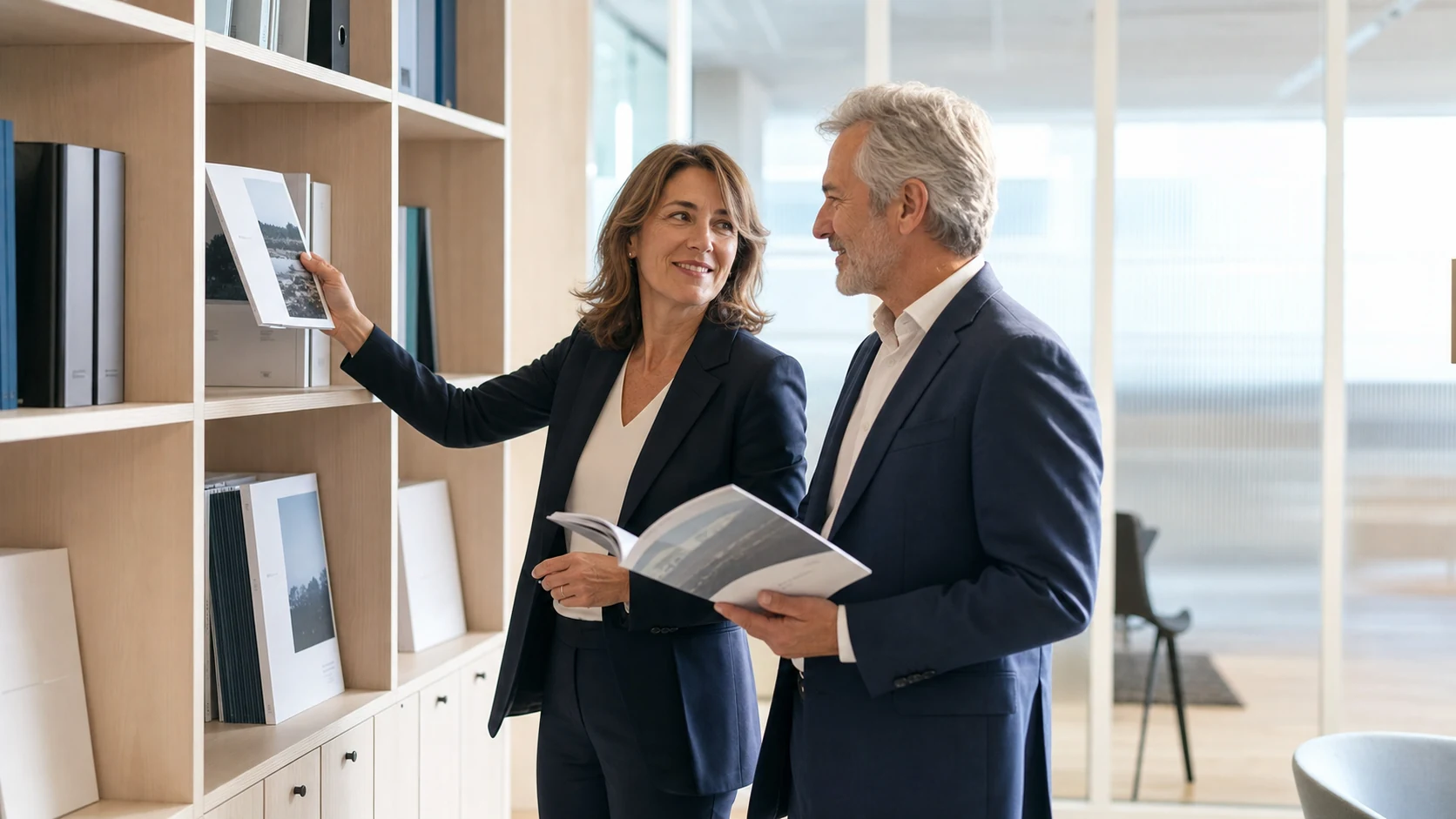 Two experienced professionals consulting guides in a contemporary documentation space